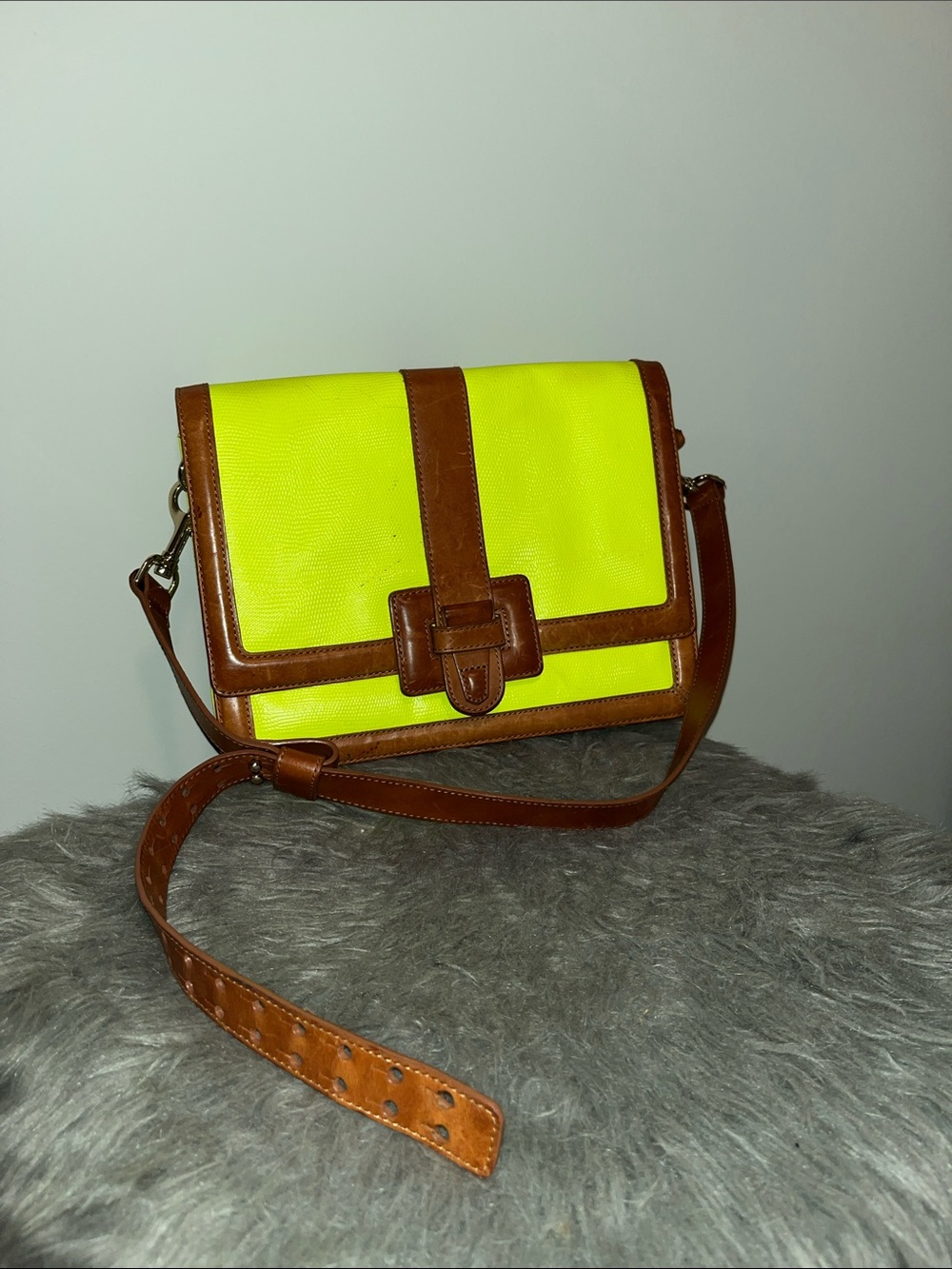 brahmin atelier Neon Yellow & Brown Leather-Trim Crossbody Satchel